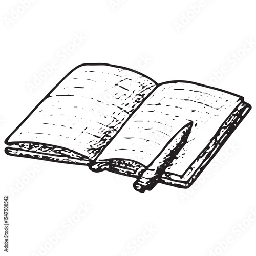 Black and white hand-drawn illustration of a book, perfect for travel reading and intellectual journey designs