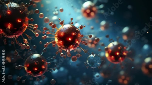 Illustration of glowing virus-like particles with spikes floating in a dark microscopic space, representing infection, disease spread, and biological contamination