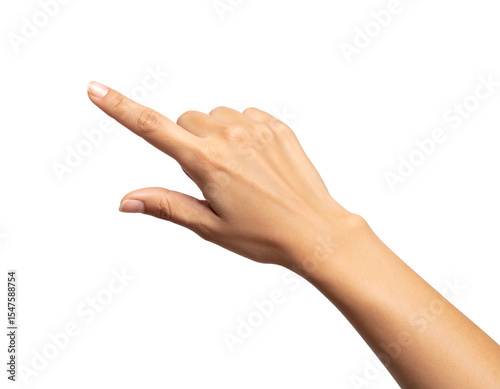 Hand pointing towards direction on white background.