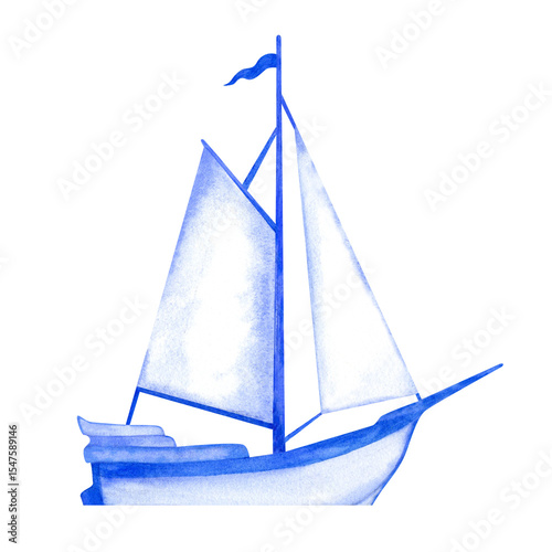 Sailboat in a blue-and-white Delftware style. Soft watercolor texture evoke classic Dutch ceramics for nautical-themed decor, tiles, coasters, souvenirs, or maritime branding.