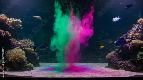 Vibrant underwater explosion of colored smoke in a coral reef aquarium with diverse fish swimming