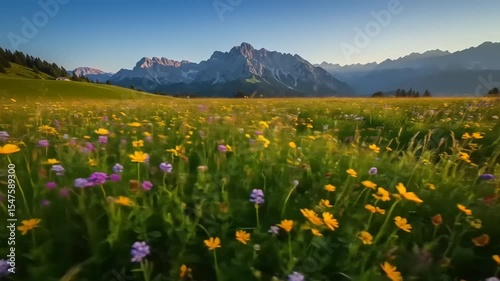 Vibrant wildflower meadow in the foreground with majestic mountains at sunrise in the background