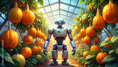 Robots assist in pumpkin cultivation in a lush greenhouse setting