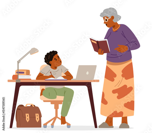 African American grandmother making homework with primary school grandson sitting at desk flat vector illustration isolated on white.