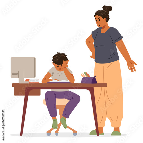 Asian mother arguing with her primary school son doing homework  because of problems in studying flat vector illustration isolated on white.