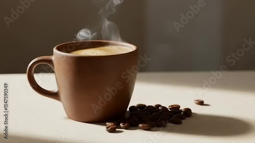 Warm cup of coffee with steam rising, surrounded by coffee beans on a simple table setting