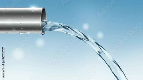 Water flowing from a metallic pipe against a soft blue background with bokeh highlights