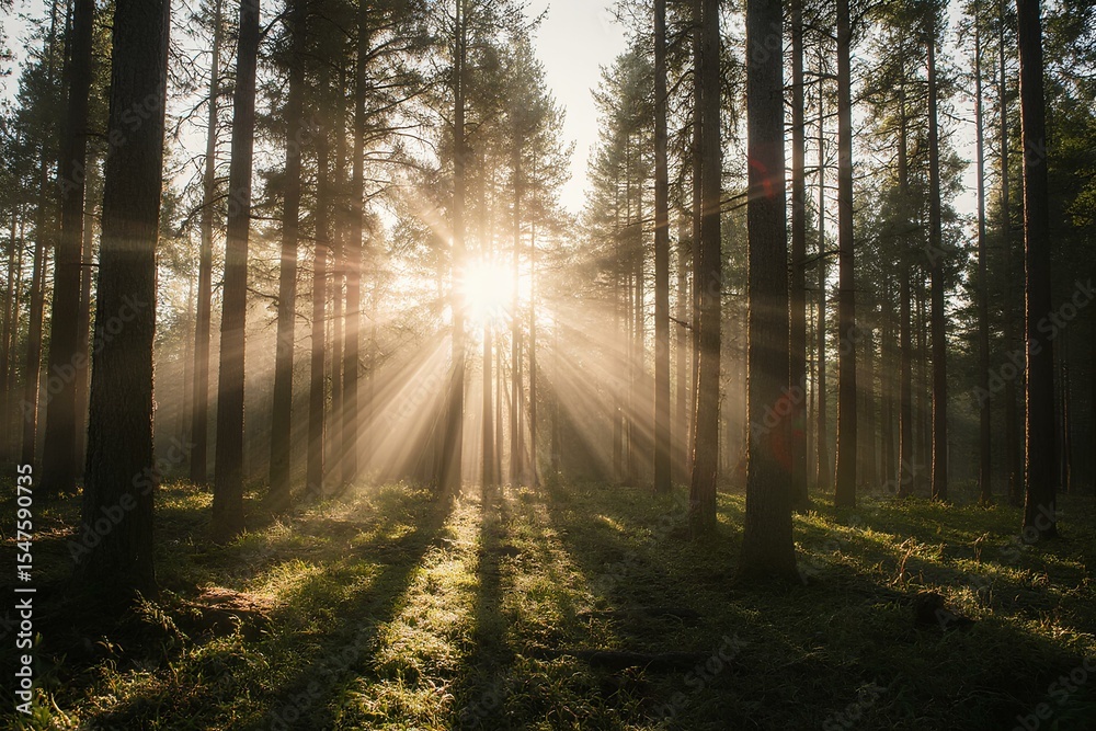 Fototapeta premium Wald Panorama mit Sonnenstrahlen ,forêt, arbres, nature, soleil, campagne, printemps, 