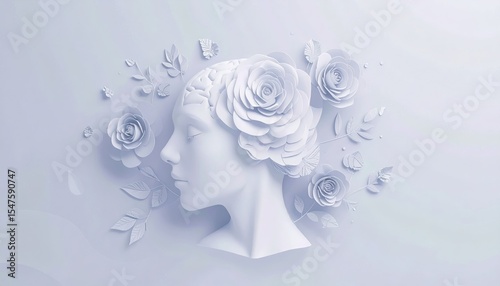 Floral Brain: White Sculpture with Flowers and Leaves