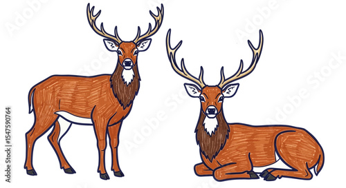 Two illustrated deer, one standing and one lying down, in brown  
