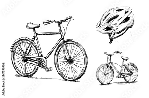 Bicycle and helmet isolated sketch on white background  