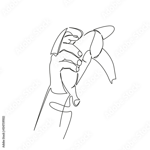 One continuous single drawing line art flat doodle banana, fruit, holding, food, ripe, hand, snack, organic. Isolated image hand draw contour on a white background, hand drawn, not AI
