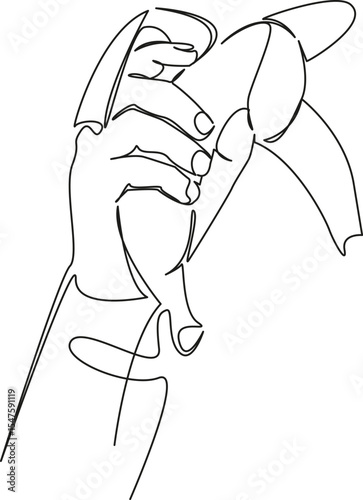 One continuous single drawing line art flat doodle banana, fruit, holding, food, ripe, hand, snack, organic. Isolated image hand draw contour on a white background, hand drawn, not AI