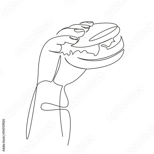 One continuous single drawing line art flat doodle burger, holding, food, hamburger, hand, cheese, lettuce, meat. Isolated image hand draw contour on a white background, hand drawn, not AI