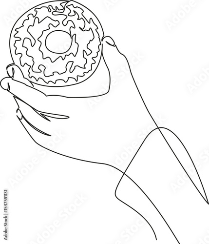 One continuous single drawing line art flat doodle food, donut, hand, snack, bakery, sweet, sweet food. Isolated image hand draw contour on a white background, hand drawn, not AI