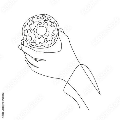 One continuous single drawing line art flat doodle food, donut, hand, snack, bakery, sweet, sweet food. Isolated image hand draw contour on a white background, hand drawn, not AI