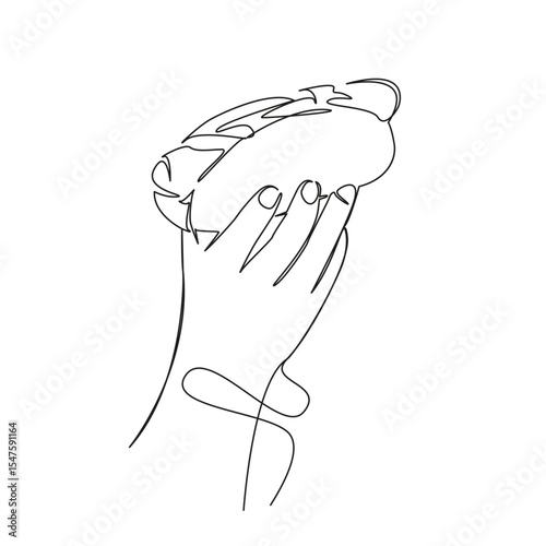 One continuous single drawing line art flat doodle hot dog, fast food, sausage, food, ketchup, meal, meat, mustard, hand. Isolated image hand draw contour on a white background, hand drawn, not AI