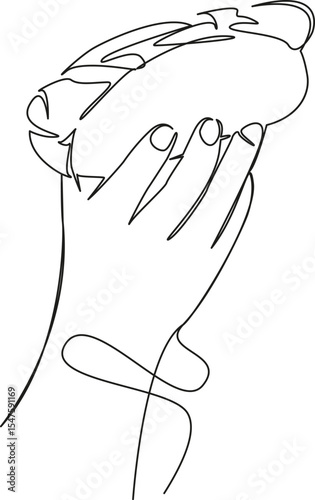 One continuous single drawing line art flat doodle hot dog, fast food, sausage, food, ketchup, meal, meat, mustard, hand. Isolated image hand draw contour on a white background, hand drawn, not AI