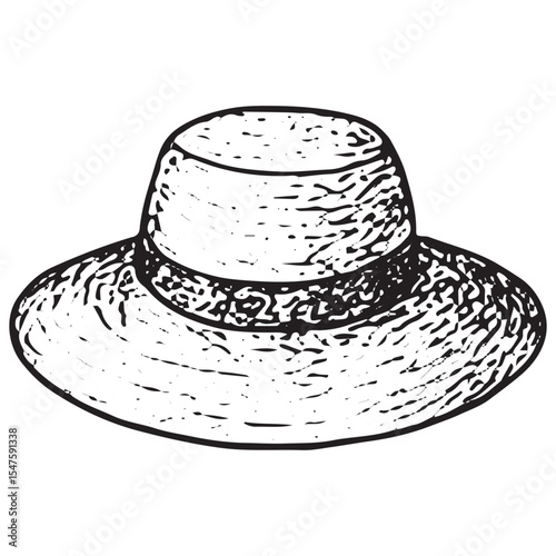 Black and white hand-drawn illustration of a hat, perfect for travel fashion and sun protection designs