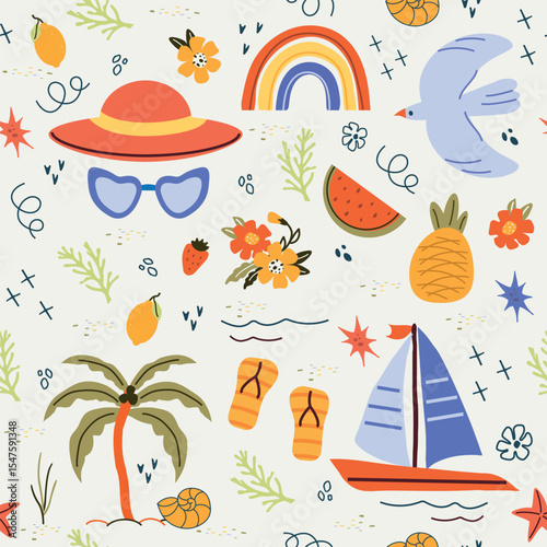 Summer, a seamless pattern of trend elements: sun, pineapple, palm tree, dessert, flower, rainbow. Fashionable modern art. Cartoon, minimalistic, abstract art Nouveau style. art template for print