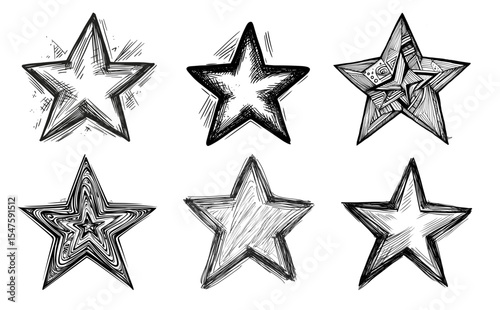Sketch of various star shapes in different designs and styles  