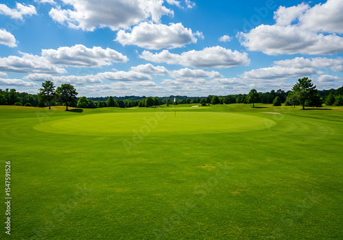 .Vast outdoor golf landscape, showcasing manicured greens and a clear summer sky.

