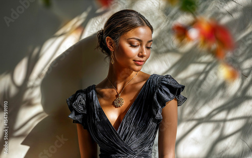 Graceful Woman in Velvet Gown and Sunburst Necklace.