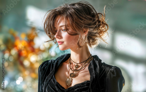 Stylish Woman in Layered Jewelry with Dreamy Lighting