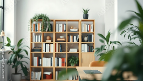 A zoom background photo of a minimalist modern office with a bookshelf and plants