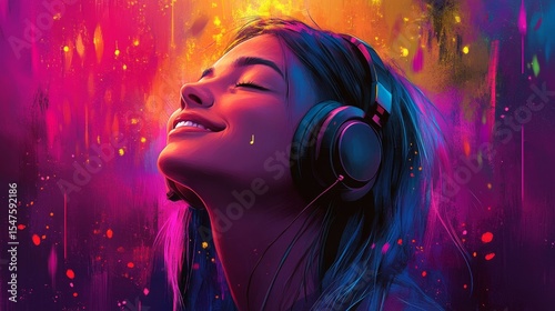 Colorful background with a happy woman listening to music on headphones, enjoying the rhythm and  the joy of sound, Generative AI