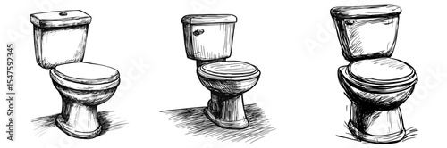 Isolated sketch of three different toilet designs in black and white  