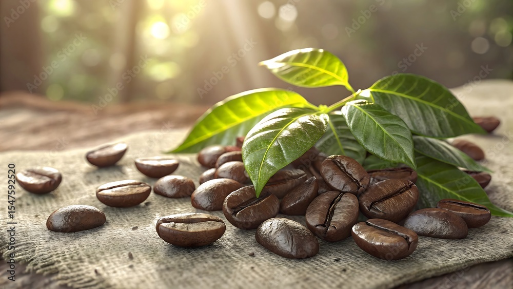 Obraz premium Organic Coffee Beans with Fresh Green Leaves