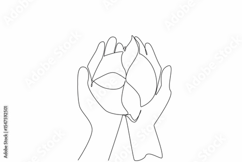 Single continuous line drawing two hands holding a newly grown tree with its soil. People who care about the environment. Presenting trees. Go green. Day of Trees. One line design vector illustration