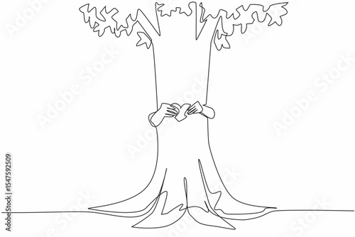 Single one line drawing two hands hugging a tree from behind while holding a heart shaped paper. Symbol of protecting nature. Green earth. Day of Trees. Continuous line design graphic illustration