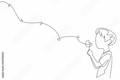 Continuous one line drawing boy holds a dandelion and blows on it so that the flakes fly. Pray and float the hopes into the sky. Dream. World Wish Day. Single line draw design vector illustration