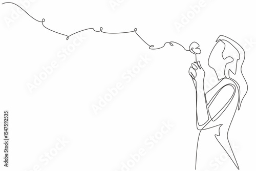Single continuous line drawing woman in casual clothes holds a dandelion with both hands and blows it. High hopes are not as fragile as dandelions. World Wish Day. One line design vector illustration
