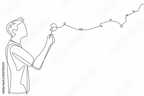 Single one line drawing man in casual clothes blows on dandelion and there are dandelion fragments flying. Blow the hopes sky high. Symbol. World Wish Day. Continuous line design graphic illustration