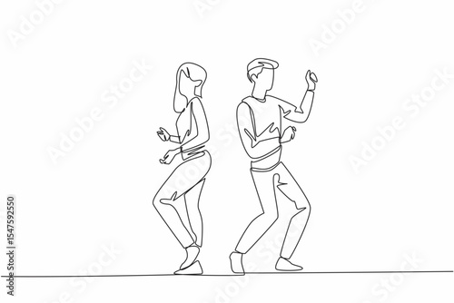 Single one line drawing married couple dancing on the dance floor. Pop music is played. Partying until late. Matched pair. Fun. International Dance Day. Continuous line design graphic illustration
