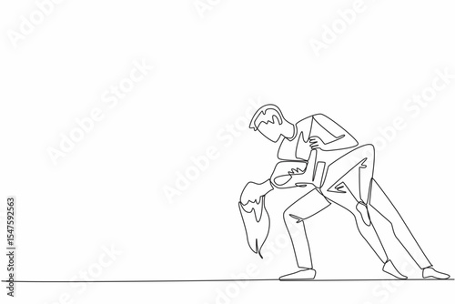 Single continuous line drawing married couple dancing on the dance floor. Like a seduction movement to the beloved wife. Romantic dance. International Dance Day. One line design vector illustration