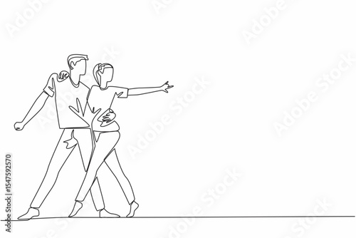 Single continuous line drawing married couple dancing on the dancefloor. Dancing to the music. Rhythm of singing. Salsa dance. Tango dance. International Dance Day. One line design vector illustration