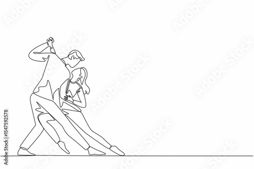 Single one line drawing married couple dancing on the dancefloor. Music makes the dance feel more romantic. Looking into the eyes. International Dance Day. Continuous line design graphic illustration
