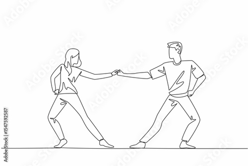 Single one line drawing married couple dancing on the dance floor. The harmonious opposite dance. The compactness of young couples. International Dance Day. Continuous line design graphic illustration
