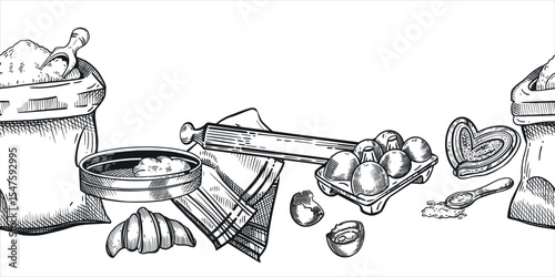 Seamless border on the theme of cooking. a bag of flour, a rolling pin, a sieve, chicken eggs, sweet buns, croissants. For the design of packaging, the interior of bakeries and confectioneries.