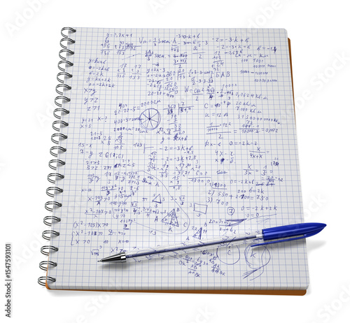 An open notebook filled with writing, ballpen. Ring binder draft notepad. Notebook with sheets of paper covered with writing. Back to school. 3D render, 3d Illustration. Isolated on white background