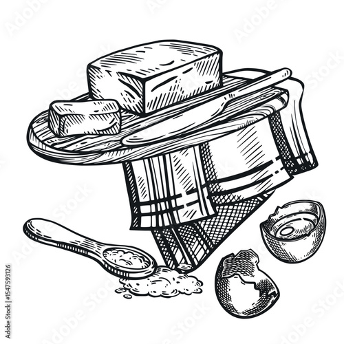 Butter on a stand, a kitchen knife, a measuring spoon and a cracked chicken egg, a towel. All objects are hand-drawn with ink. The illustration is suitable for printing on packaging, fabric, recipe.