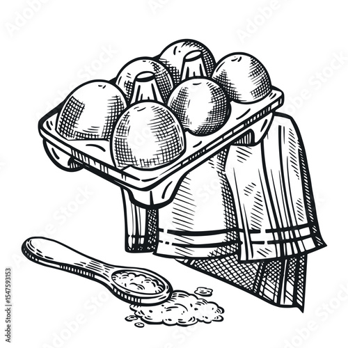 Chicken eggs in a cell, a kitchen towel, a tablecloth and a measuring spoon with salt. All objects are hand-drawn in vector. For printing on product packaging, for the design of the cooking process.