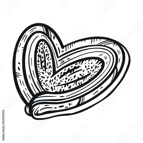 Sweet bun, heart-shaped pastry hand-drawn with ink. Vector illustration is suitable for printing on fabric, paper, for the design of confectioneries and bakeries, and the design of product packaging.
