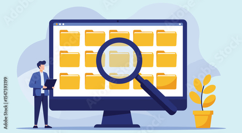 Digital File Search and Document Management: Man Using Magnifying Glass to Find Files on Computer, Organizing Data and Information Effectively