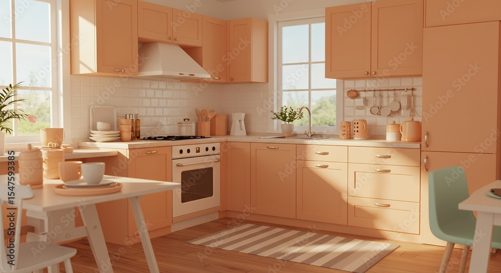 Fototapeta premium Cozy Peach Kitchen with Sunlight Streaming Through Window