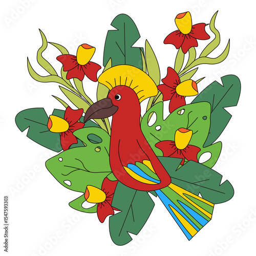 Vector Summer art. Tropical bird plants and flowers isolated transparent background. Ideal t-shirt print poster textile fabric decor. EPS 10